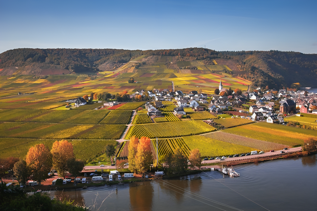 Vignobles aux couleurs d'automne au-dessus d'un village de la Moselle